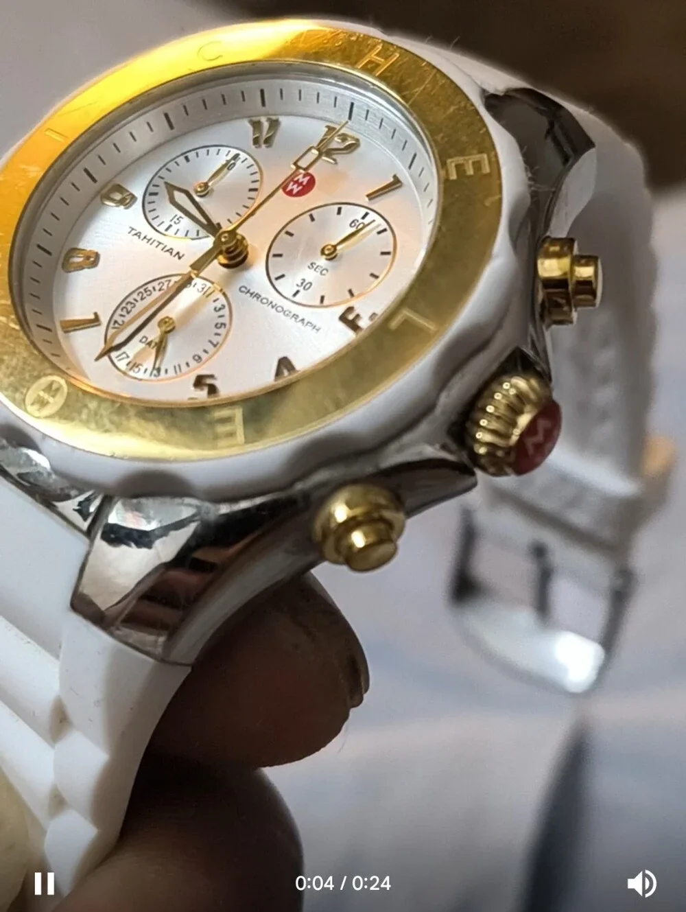 MICHELE Tahitian Jelly Bean Chronograph Watch — Two-Tone Gold & Steel, White Sil